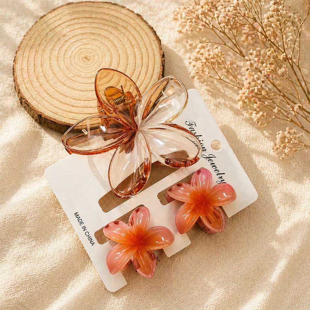 Plumeria Claw Clip Set — full set flat lay showing all clips | Sujify