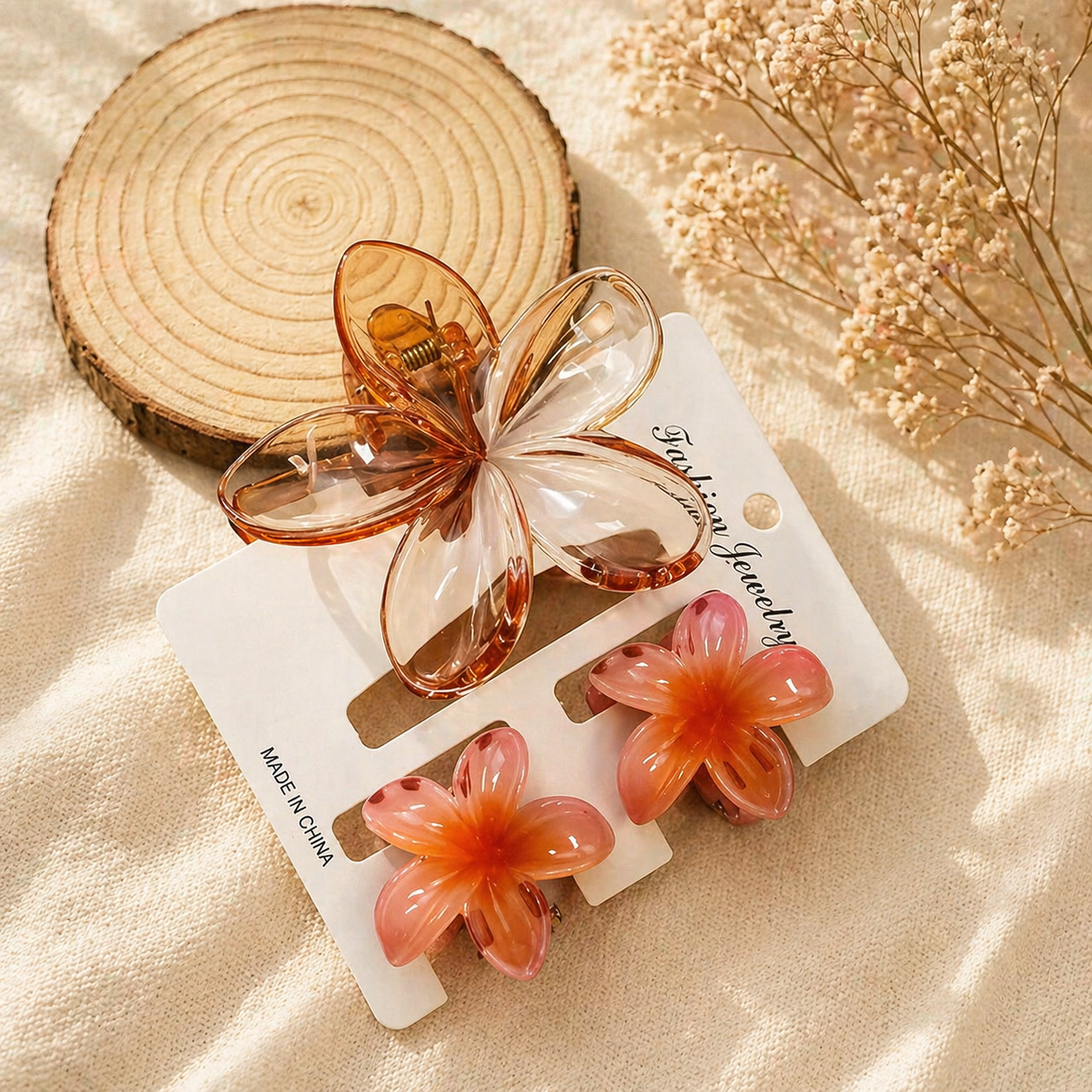 Plumeria Claw Clip Set — full set flat lay showing all clips | Sujify