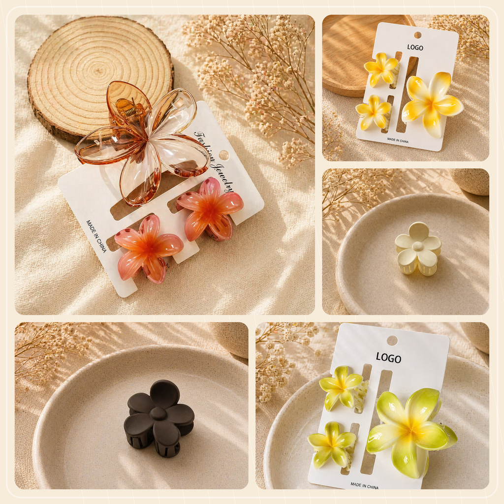 Plumeria Claw Clip Set — lifestyle flat lay with tropical floral styling | Sujify